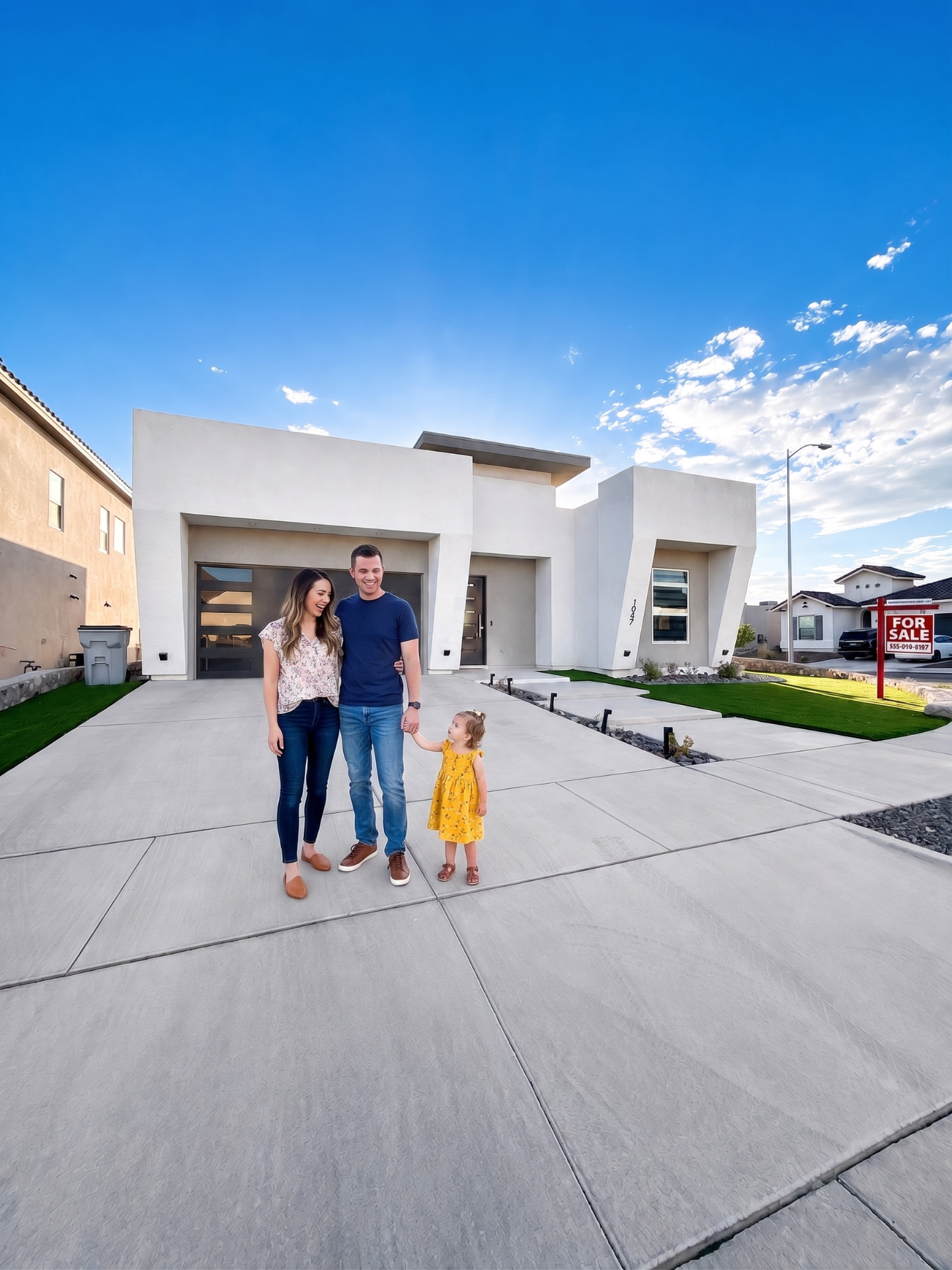 Family standing in front of a modern new construction home in El Paso