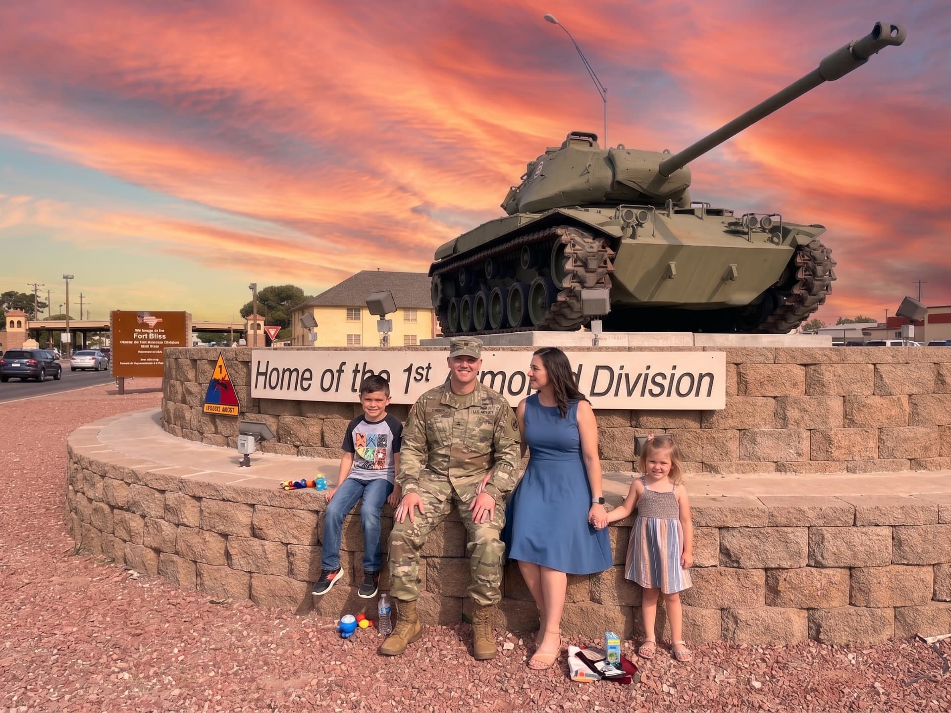 Soldier in uniform with family at the Fort Bliss 1st Armored Division memorial tank